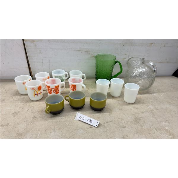 Vintage Fire King Anchor Hocking Milk Glass Mug Lot: A&W, McDonald's, Bonanza and 2 Jugs