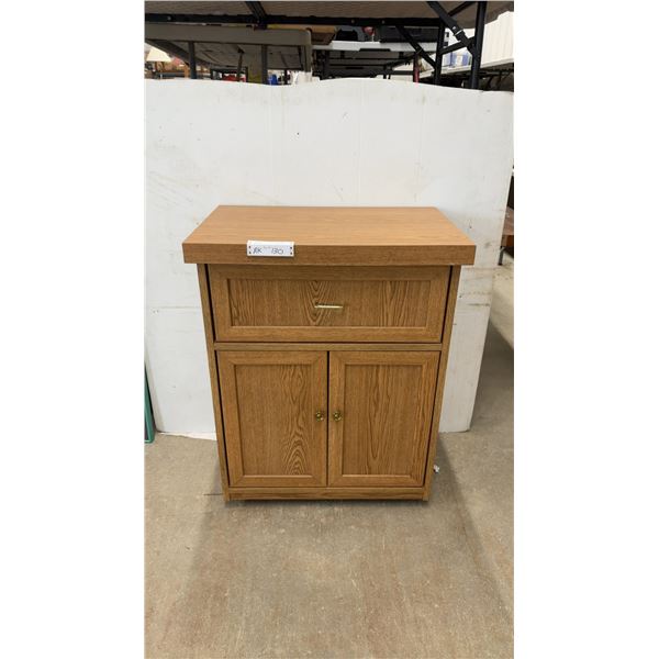 Oak Finish Cabinet on Casters with Drawer and Two-Door Storage