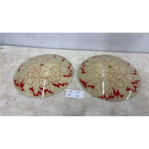 Pair of Mid-Century Modern Glass Light Shades with Red and Tan Abstract Design 15-1/2”