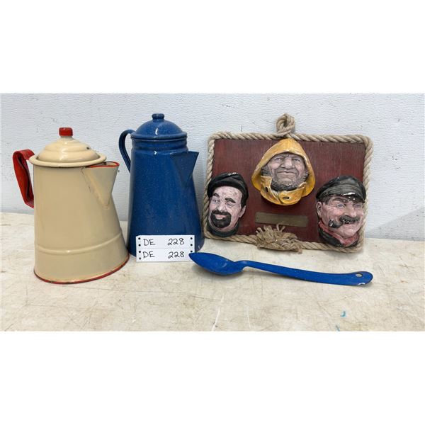 Vintage Enamelware Coffee Pots, Blue Enamel Spoon, and "Harry Toppem" Fisherman Wall Plaque
