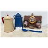 Image 1 : Vintage Enamelware Coffee Pots, Blue Enamel Spoon, and "Harry Toppem" Fisherman Wall Plaque