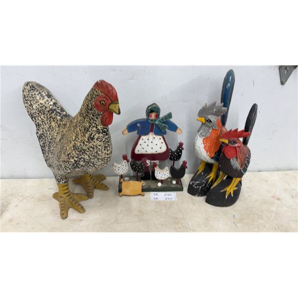 Folk Art Rooster, Hen, and Chicken Figurines, and Woman with Chickens and Eggs