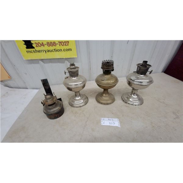 Lot of 4 Kerosene Lamps: 3 Silver-Tone Aladdins and 1 Wall-Mount Lamp