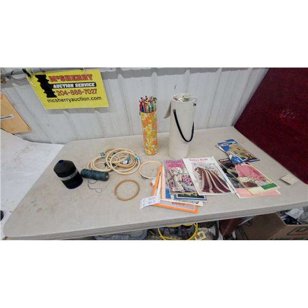 Knitting and Crochet Lot: Embroidery Hoops, Yarn, Thread, Knitting Needles, Crochet Hooks