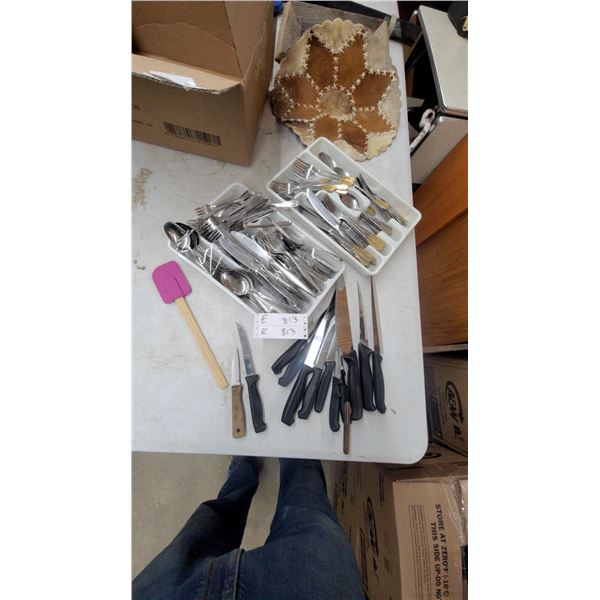 Assorted Flatware and Knives: 2 Trays Silverware, 1 Tray Gold-Tone Flatware, and 15+ Knives