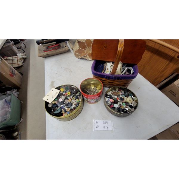 Three Tins of Assorted Buttons, Tin of Safety Pins, and Woven Sewing Basket