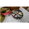 Image 4 : Three Tins of Assorted Buttons, Tin of Safety Pins, and Woven Sewing Basket
