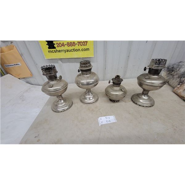 Four Silver-Plated Oil Lamps, Various Styles and Sizes