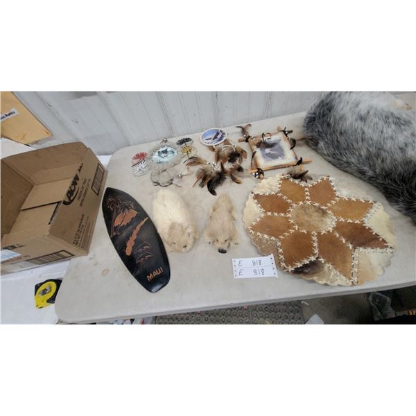 Maui Surfboard Plaque, 2 Furry Animal Figures, Fur and Leather Mat, and Dreamcatchers
