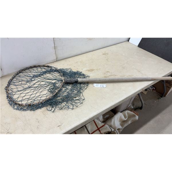 Vintage Large Hoop Fishing Dip Net with Wooden Handle and Green Mesh