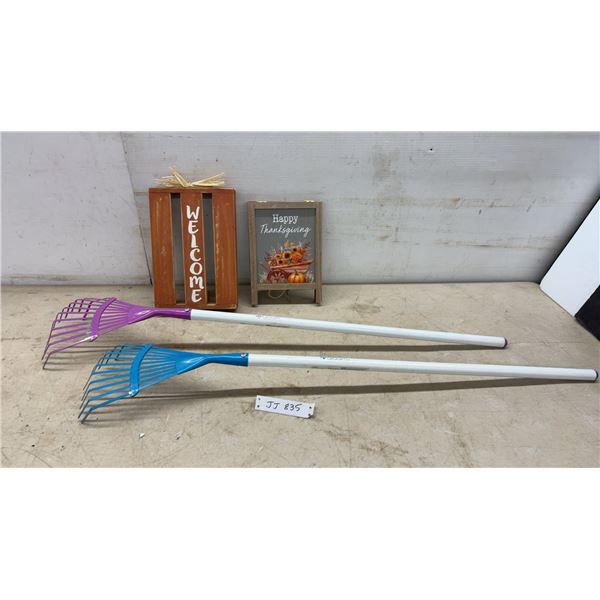 Bloom Children's Fan Rakes, Wooden “Welcome” Sign, and A-Frame Sign