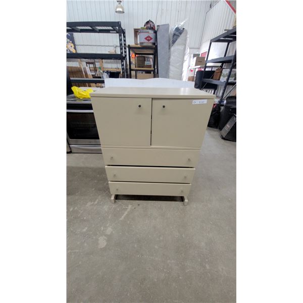 Cream-Colored Convertible Dresser and Changing Table with 2 Doors, 3 Drawers, and Chrome Knobs