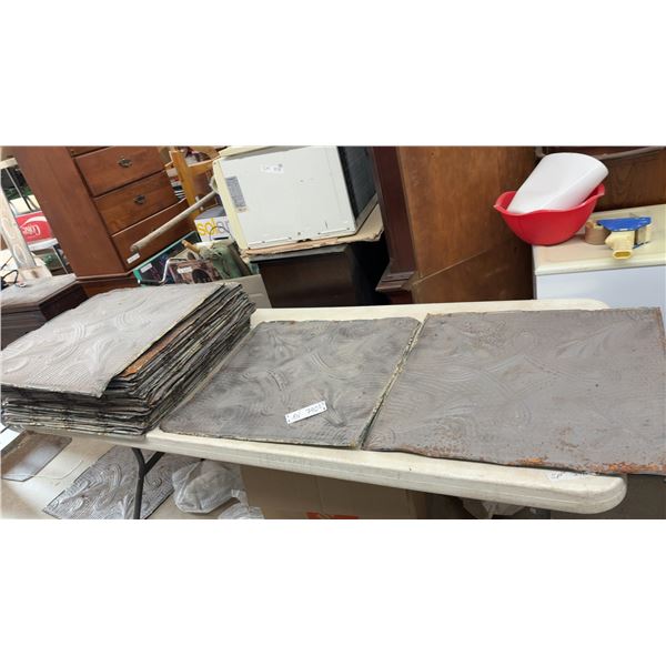 35 + Antique Pressed Tin Ceiling Tiles with Embossed Scrollwork Design, 24 × 24”