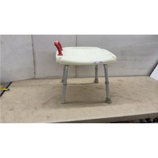Adjustable-Height Shower Stool with Cream Plastic Seat and Red Grab Handles