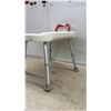 Image 2 : Adjustable-Height Shower Stool with Cream Plastic Seat and Red Grab Handles
