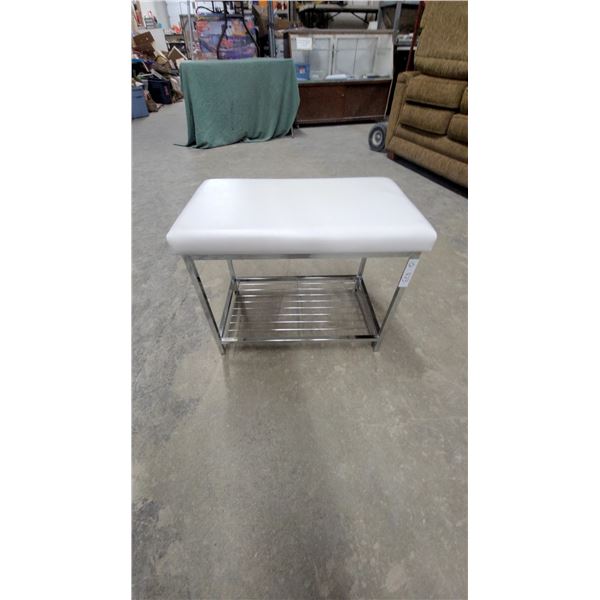 White Upholstered Bench with Chrome Frame and Wire Shelf 14”×19”×24”