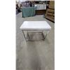 Image 1 : White Upholstered Bench with Chrome Frame and Wire Shelf 14”×19”×24”