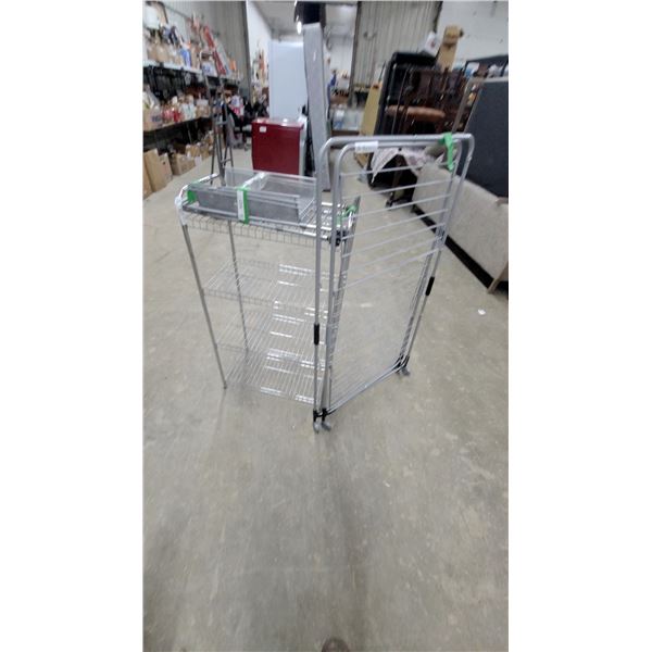 Folding Metal Rolling Laundry Center Utility Cart with Wire Shelves