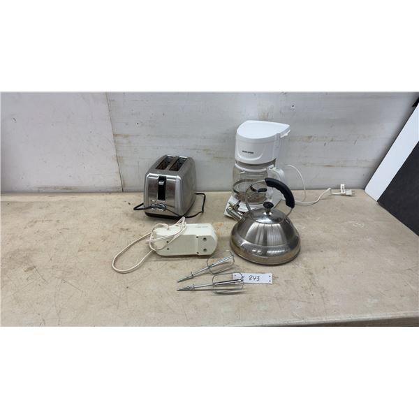 Stainless Steel Toaster, Black and Decker Coffee Maker, Hand Mixer, Whistling Kettle and Handy
