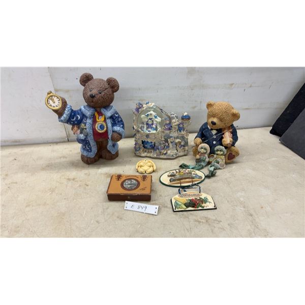 Collectible Teddy Bear Figurines with Clock, Violin, Musical Snow Globe, Welcome Sign