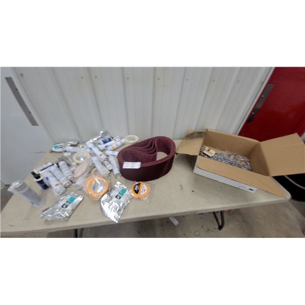 Assorted Adhesives, Sealants, Tapes, and Sanding Belts