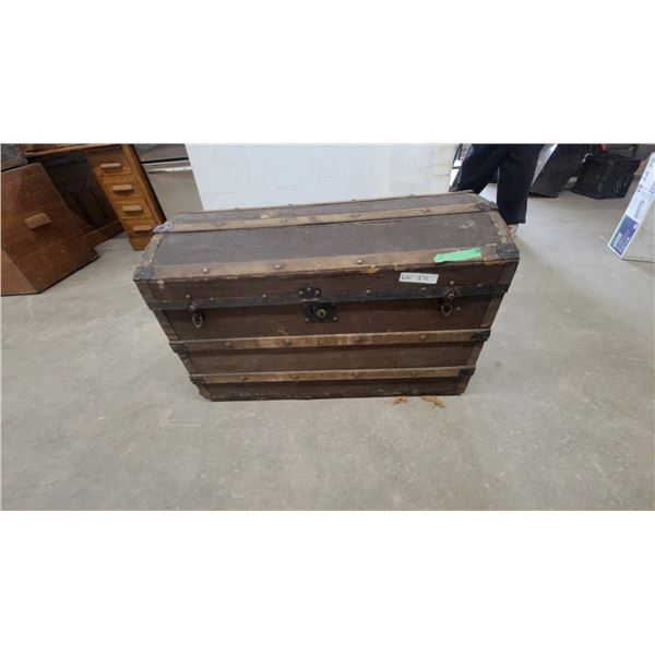 Antique Trunk with Curved Top, Metal Straps and Hardware, and Leather Handles 22”×26”×30”