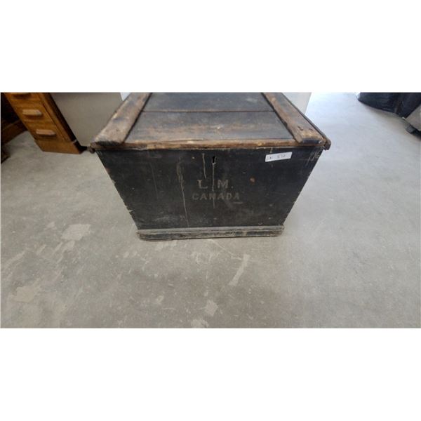 Vintage Wooden Trunk with "L.M. CANADA" Stenciling, and Metal Handles 22”×22”×31”