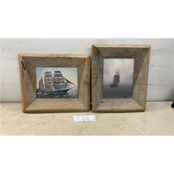 Pair of Framed Sailing Ship Art Prints in Rustic Reclaimed Wood Frames, 13 × 11”