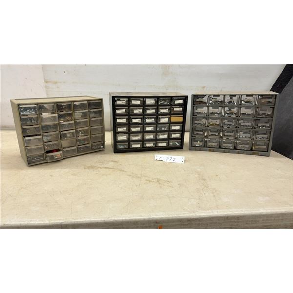 Three Multi-Drawer Parts Organizers With Assorted Screws, Bolts, Nuts, Washers, Anchors