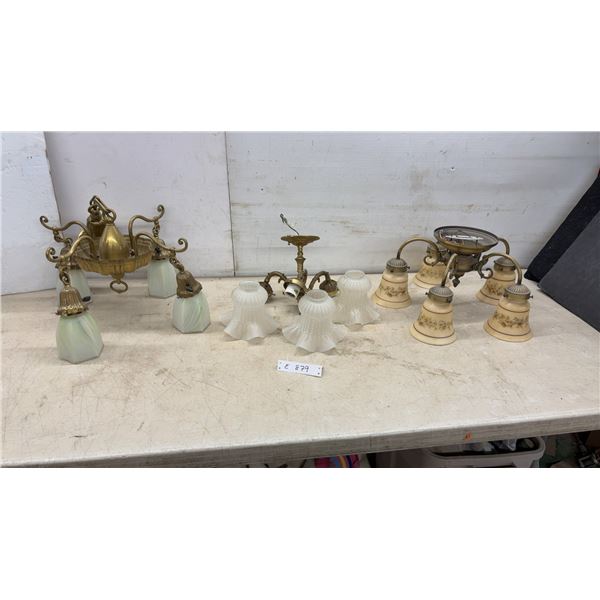 Three Vintage Brass Multi-Arm Chandeliers with Glass Shades, 4-Light, 3-Light, and 5-Light