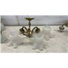 Image 5 : Three Vintage Brass Multi-Arm Chandeliers with Glass Shades, 4-Light, 3-Light, and 5-Light