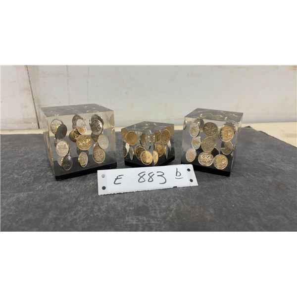 Three Clear Resin Decorative Paperweight Cubes With Embedded Canadian 1-Cent Coins, 1976-1979