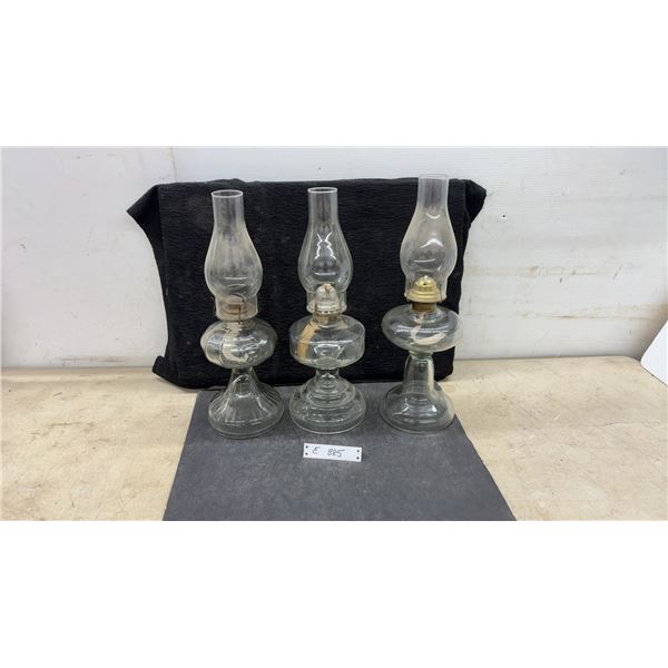 3 Antique Glass Kerosene Oil Lamps With Ribbed Pedestal Bases and Glass Chimneys, Tallest 19 1/2”