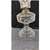 Image 6 : 3 Antique Glass Kerosene Oil Lamps With Ribbed Pedestal Bases and Glass Chimneys, Tallest 19 1/2”