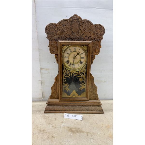 Antique Carved Oak Gingerbread Mantel Clock with Pendulum and Key, 23 × 15”