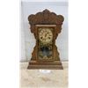 Image 1 : Antique Carved Oak Gingerbread Mantel Clock with Pendulum and Key, 23 × 15”