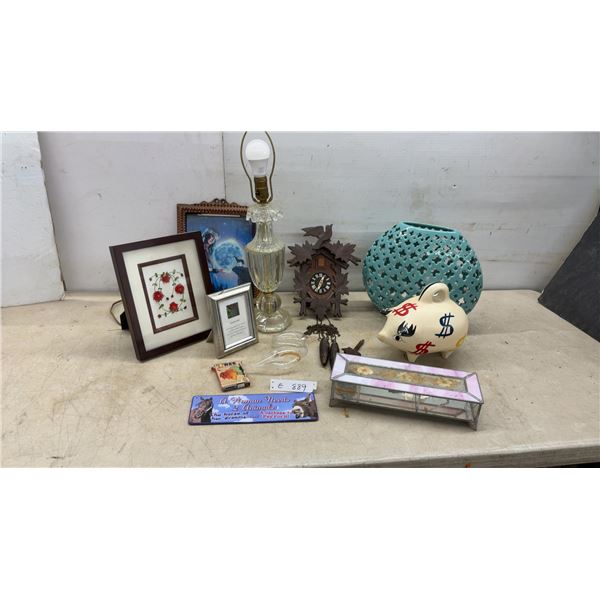 Framed Paper Quilling Artwork, Table Lamp, Cuckoo Clock, Piggy Bank, Ceramic Vase