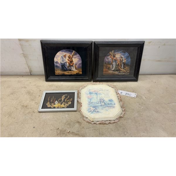 Framed Religious Prints, Pressed Botanical Art, and "My Home Prayer" Decorative Plaque, Largest