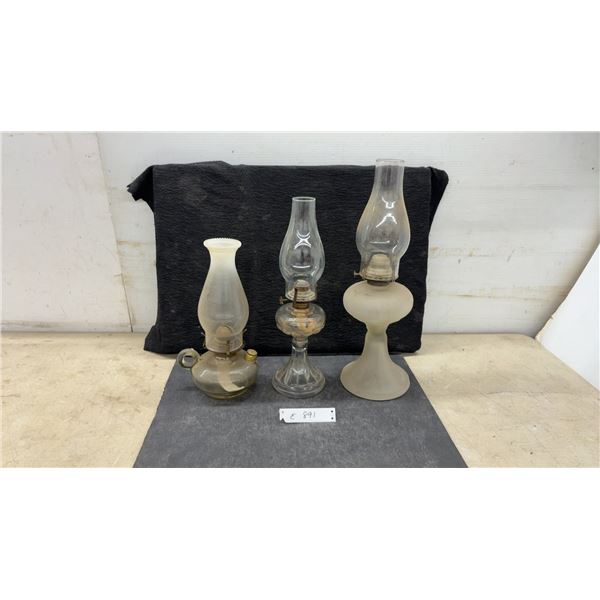 Three Vintage Glass Kerosene Oil Lamps, Clear Finger Lamp, Clear Pedestal, and Frosted Pedestal