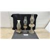Image 1 : Three Vintage Glass Kerosene Oil Lamps, Clear Finger Lamp, Clear Pedestal, and Frosted Pedestal