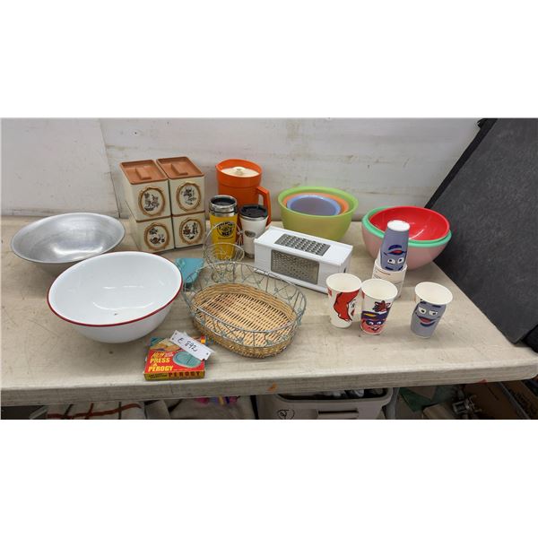 Vintage Kitchen Canisters, Enamel Bowls, Mixing Bowls, Grater, Perogy Press