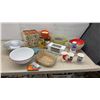 Image 1 : Vintage Kitchen Canisters, Enamel Bowls, Mixing Bowls, Grater, Perogy Press