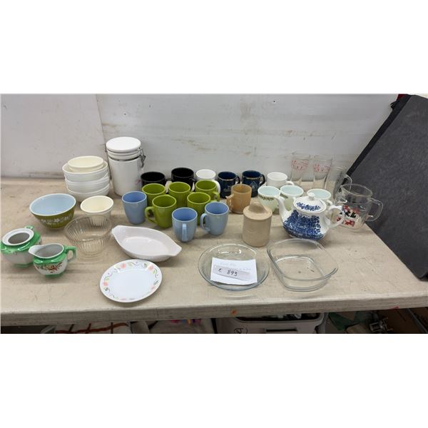 Vintage Pyrex Spring Blossom Bowl, Ridgway Shakespeare's Country Teapot, Corelle and Pyrex Mugs