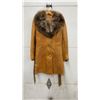 Image 1 : Vintage 1970s Murena Tan Leather Mid-Length Coat with Fur Collar and Belt, Made in Canada Sz M-L