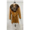 Image 5 : Vintage 1970s Murena Tan Leather Mid-Length Coat with Fur Collar and Belt, Made in Canada Sz M-L