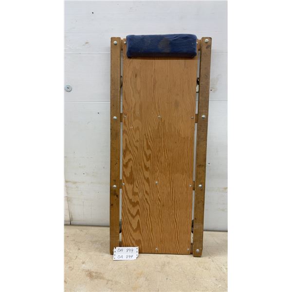 Vintage Wooden Mechanic's Creeper with Blue Padded Headrest and Swivel Casters