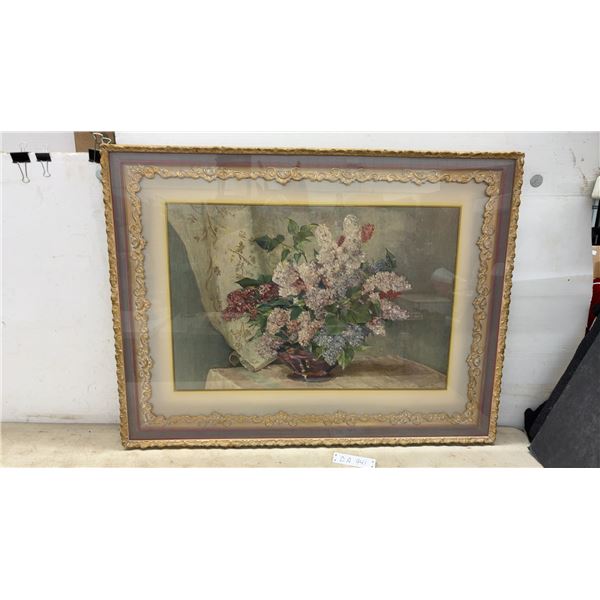 Framed Still Life Lilac Bouquet Painting Signed H. Riesen Prima in Ornate Gilt Frame, 31 × 40”