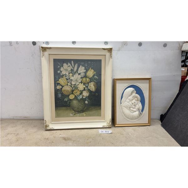 Framed Floral Still Life Print and Madonna and Child Relief Artwork