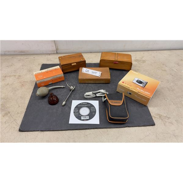 Vintage Atomizer, Canon PowerShot A800 10.0MP Digital Camera With Case, Cable, Disk, Wooden Boxes