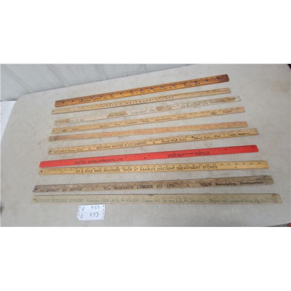 10 Vintage Advertising yardstick Rulers: Monarch Lumber, Rietze Developments, Benjamin Moore